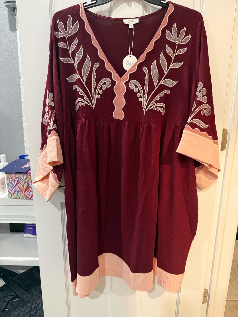 ODDY Burgundy Midi Dress with Blush Pink Trim and White Embroidery
